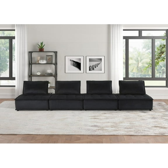 Anna 160" Black Velvet 4-Seater Modular Sofa with Tufted Seat and Pocket Coil Springs