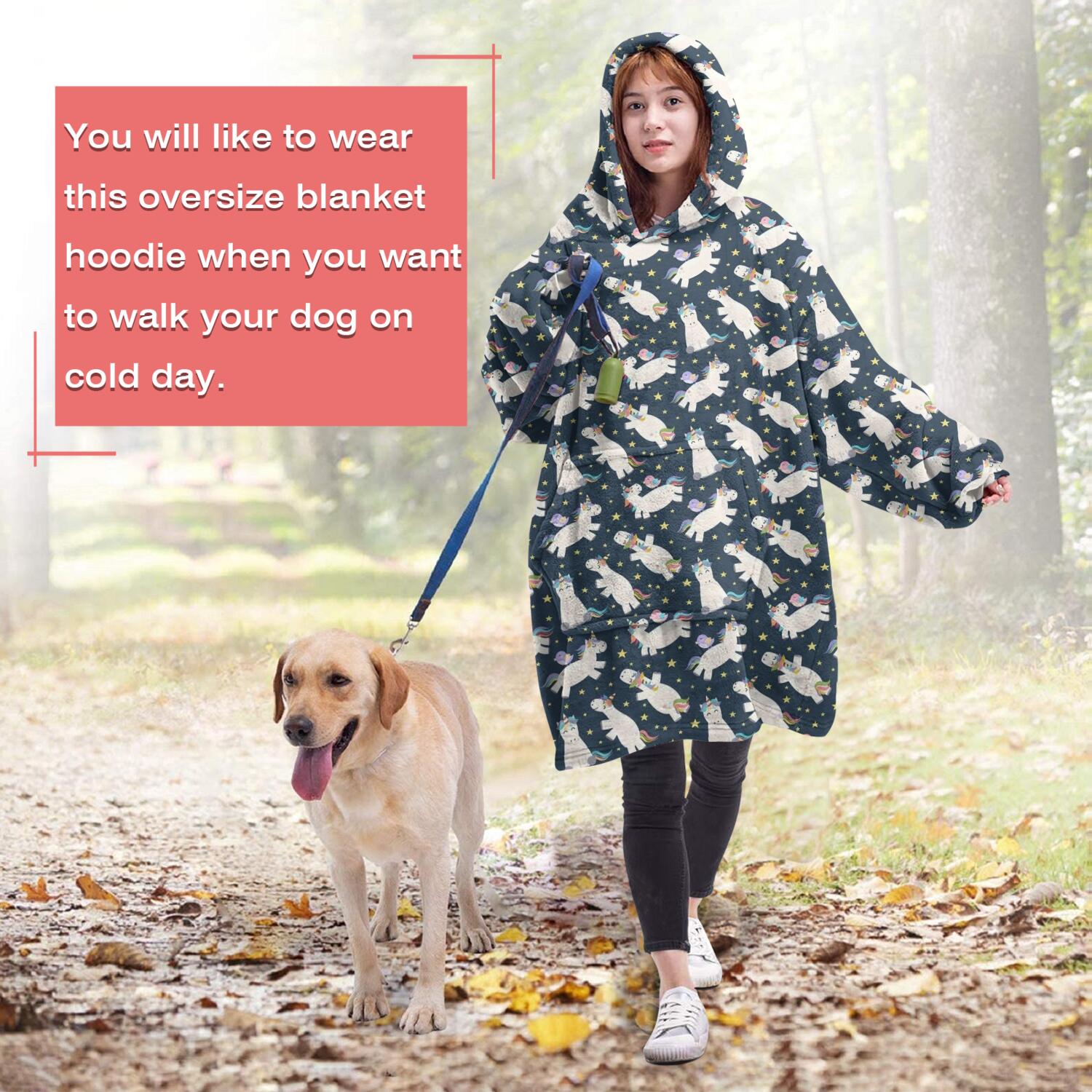 Wearable Oversized Blanket,Dark Blue Cartoon Unicorn Pattern Wearable Blanket Hoodie for Adults,Cozy Hooded Blankets with Super Pockets,Super Warm Fuzzy Pullover for Women & Men