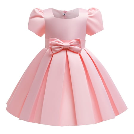 

5T Little Girls Wedding Princess Dress Party Dress Formal Pageant Dress 6T Little Girls Short Bubble Sleeve Solid Color Bowknot Upper Ruffled Layer Party Formal Stain Dress Pink