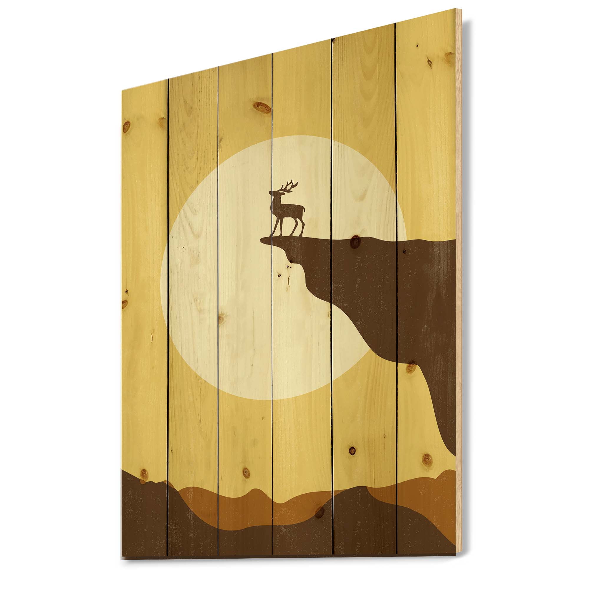 Designart 'Minimalistic Deer At Sunset On Mountain Top' Lake House Print on Natural Pine Wood