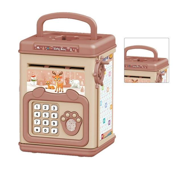 Caja de ahorro de dinero para niños, caja de seguridad con huella dactilar, contraseña, manual de dibujos animados, banco de monedas electrónico educativo, color rosa