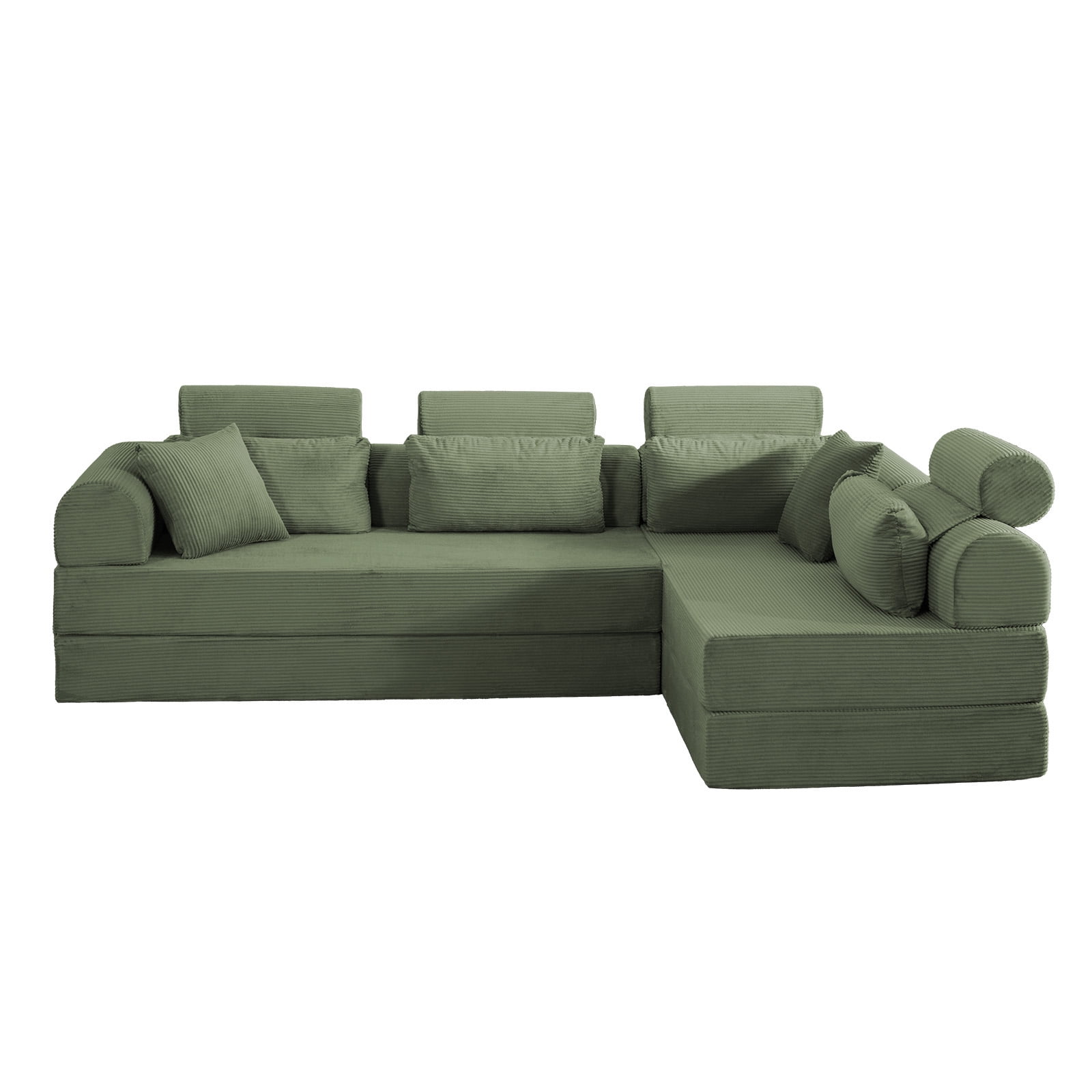 L-Shaped Sectional Sofa Converts to Bed, Corduroy Chaise Lounge with 28D High-Density Foam, No Assembly Compressed Couch for Apartments and Studios, Grayish Green