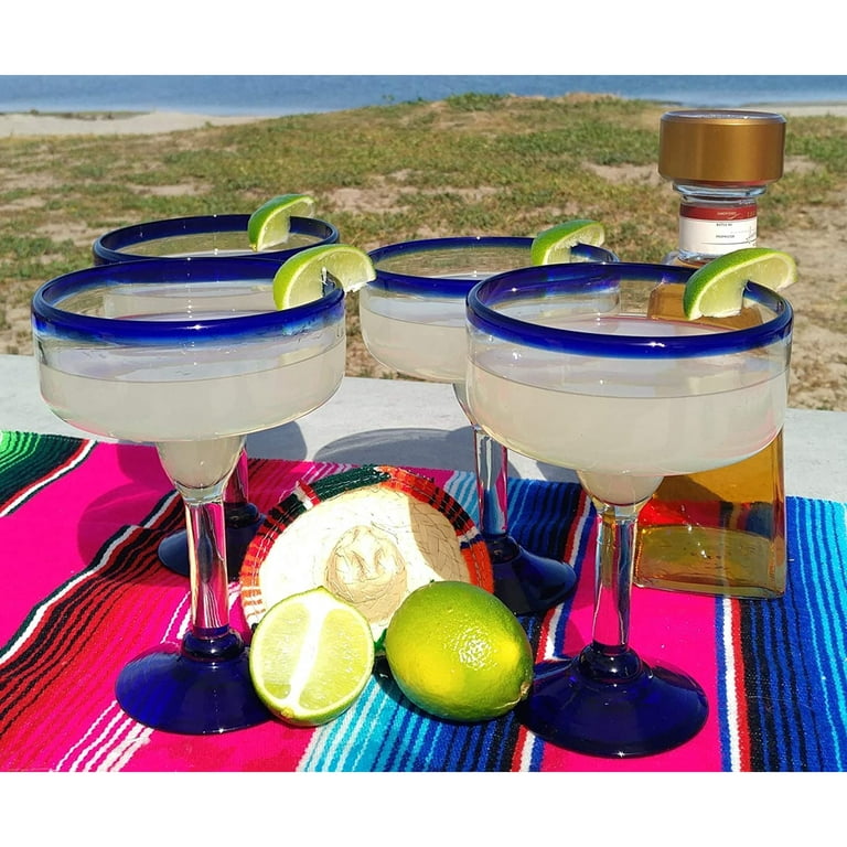 12 oz Margarita Cocktail Glasses + Colorful Party Rims | Set of 4 | Heavy  Duty, Thick, Hand Blown, Classic Frozen Drinks Stemware + Fun Mexican Gift