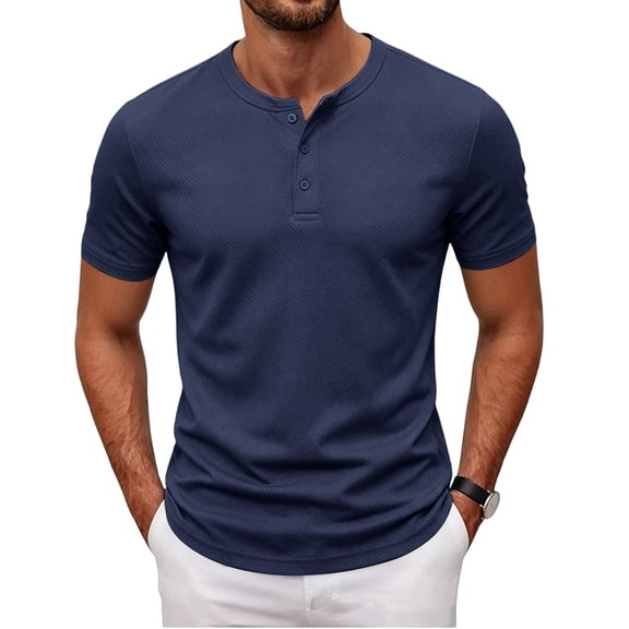 Hearthz Henley Shirts for Men 3 Button Short Sleeve Shirts Men Basic Breathable Moisture Wicking Athletic Fit T-Shirt Men Navy XXL
