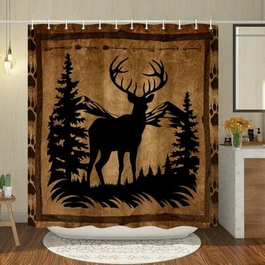 Rustic Deer Shower Curtain, Farmhouse Cabin Forest Woodland Wild Animal Bathroom Curtain Set, Vintage Retro Country Lodge Fabric Bathroom Decor Accessories Bath Curtain with Hooks,69X70IN Brown