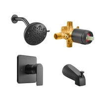 KFFKFF Tub and Shower Faucet Set with 5-Inch Rainfall Shower Head and Bathtub Spout, Single-Handle Tub Trim Kit with Brass Pressure Balancing Valve, 8 Adjustable Spray Modes, Matte Black Finish
