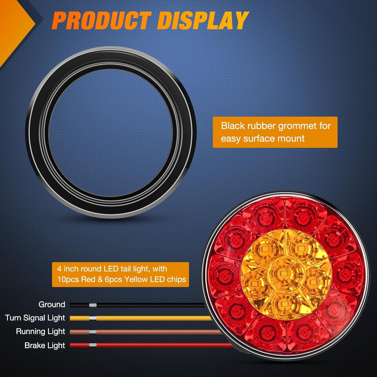 Nilight 2PCS 4 inch Round Red Amber LED Trailer Tail Lights 16LEDs w/Flush Mount Grommet IP67 Waterproof Stop Brake Turn Signal Running Tail Light for Trucks Trailer RV