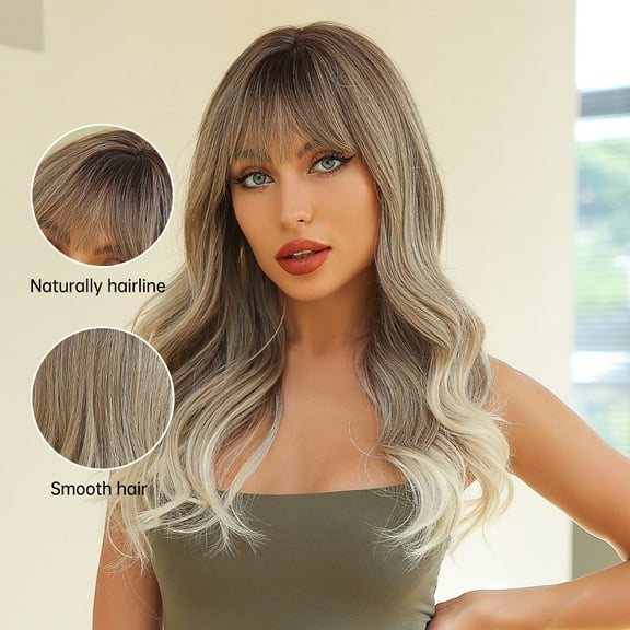 Long Wavy Natural Ombre Synthetic Wigs With Bangs for Women Daily Cosplay Heat Resistant Wigs A1