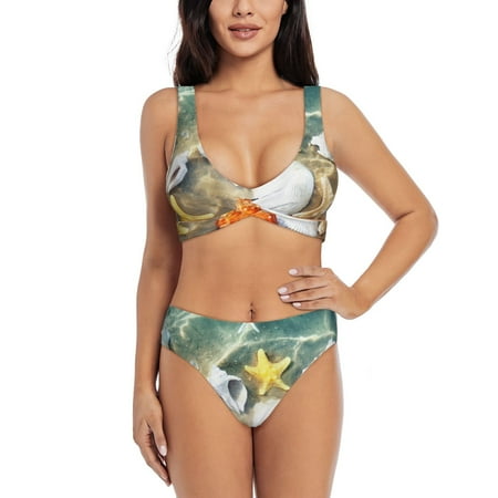 Zeuib Seashell On The Beach High Waisted Tummy Control Bikini Set - Knot Front Push Up Top & Cheeky Thong Bottom  Two-Piece Swimsuit for Women-XX-Large