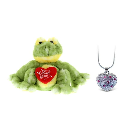 - Super Soft Plush and Jewelry Dollibu Cute Green Frog I Love You Valentines Plush and Aqua Jewelry Pink Heart Sparkling Necklace