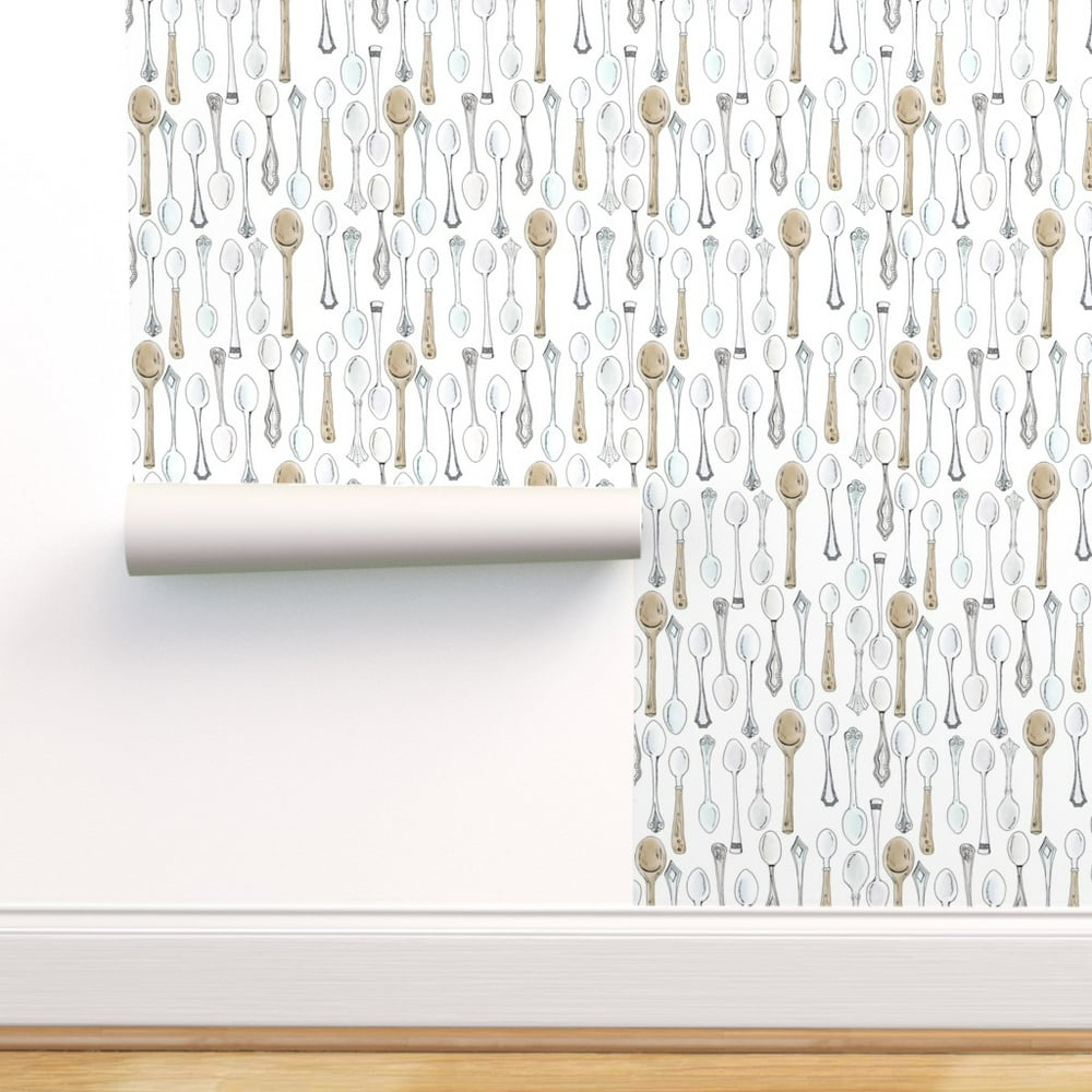 Peel-and-Stick Removable Wallpaper Spoons Silver Pen Drawing Kitchen