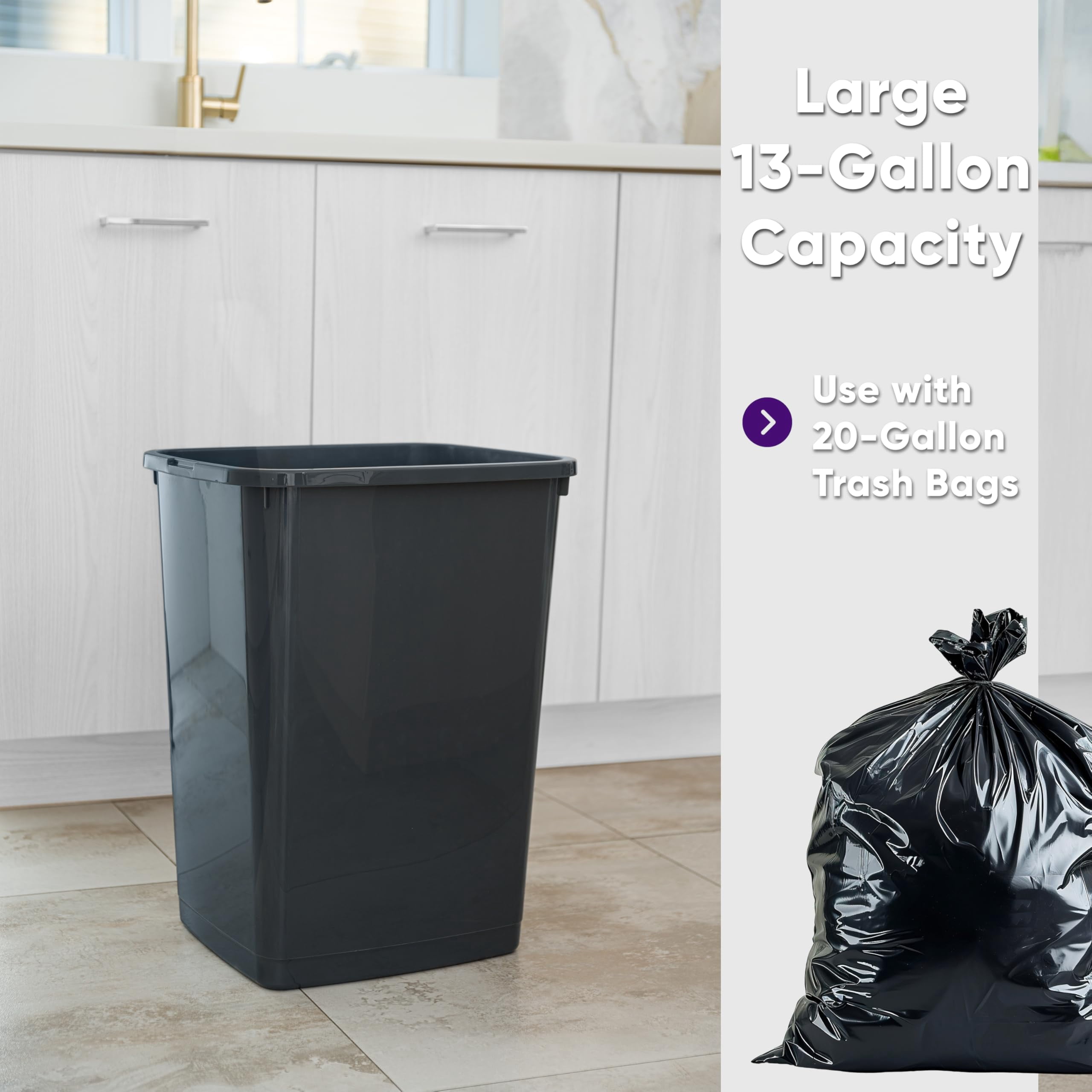 Superio Large Kitchen Trash Can 13 Gallon, 52 Qt Waste Bin for Kitchen, Garage, Indoor and Outdoor Trash Can (2, Grey)