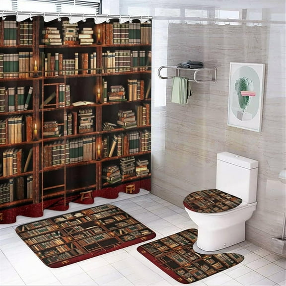 Rustic Mid Century Library 4 Pcs Waterproof Shower Curtain Set,Vintage Gothic Skull Antique Bookshelf with Waterproof Toilet Cover Shower Mat Rugs