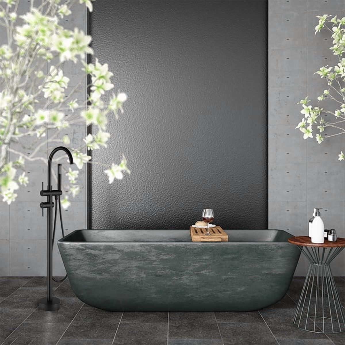 ANGELES HOME 2-Handle Free Standing Floor Mount Bathroom Tub Faucets with Handheld Shower in Matte Black