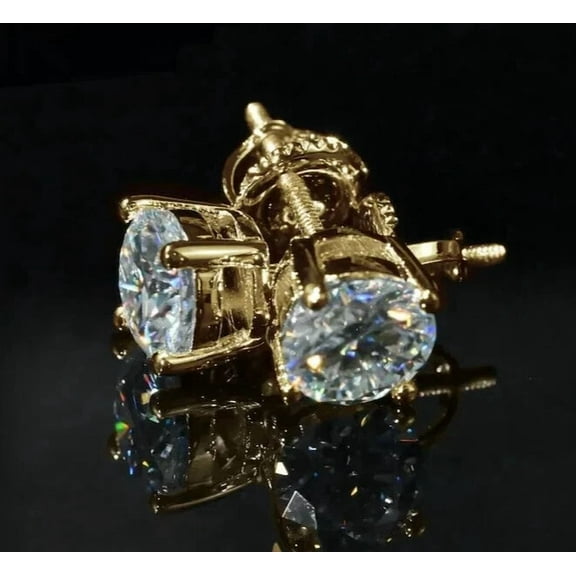 2 Ct Certified White Diamond Solitaire Studs, Yellow Gold Finish-Great Sparkle.
