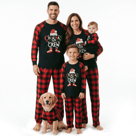 RUINIXCW Family Christmas Pajamas Matching Set Xmas Outfit Holiday Jammies Letters Long Sleeve Tops Plaid Pants Sleepwear for Adult Kids Toddler Baby