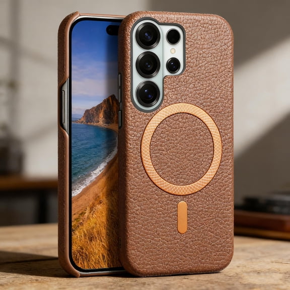 for Samsung Galaxy S26 Ultra PU Leather Magnetic Case, [Compatible with Mag-Safe] Shockproof Phone Cover, Lychee Texture PU Leather Protective Phone Cover for Samsung Galaxy S26 Ultra, Brown