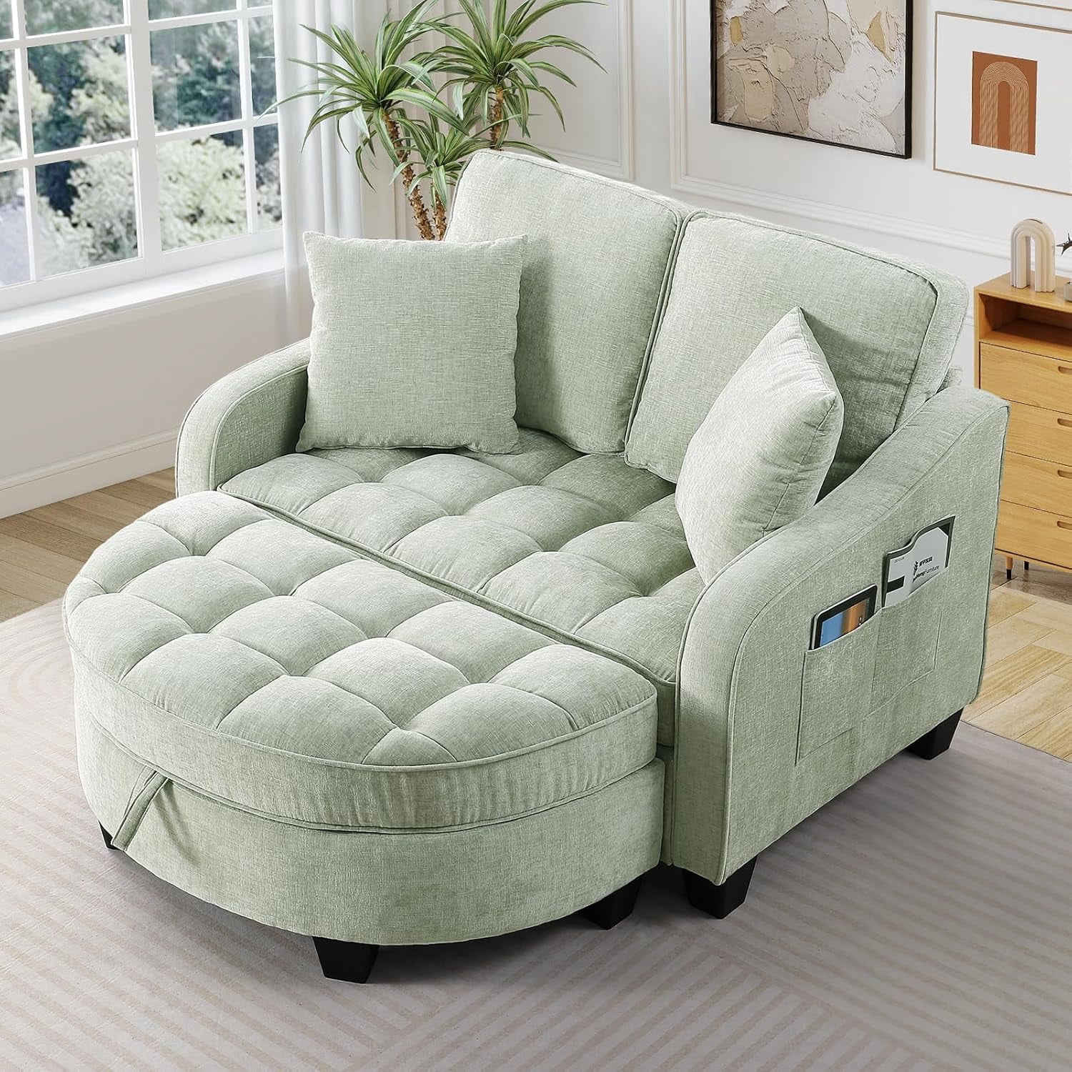 MOONMISS Oversized Chair and A Half, Chenille Tufting Accent Cozy Reading Sofa Chair with Storage Ottoman, Upholstered Loveseat Chaise Lounge Sofa with Adjustable Back for Living Room,Green