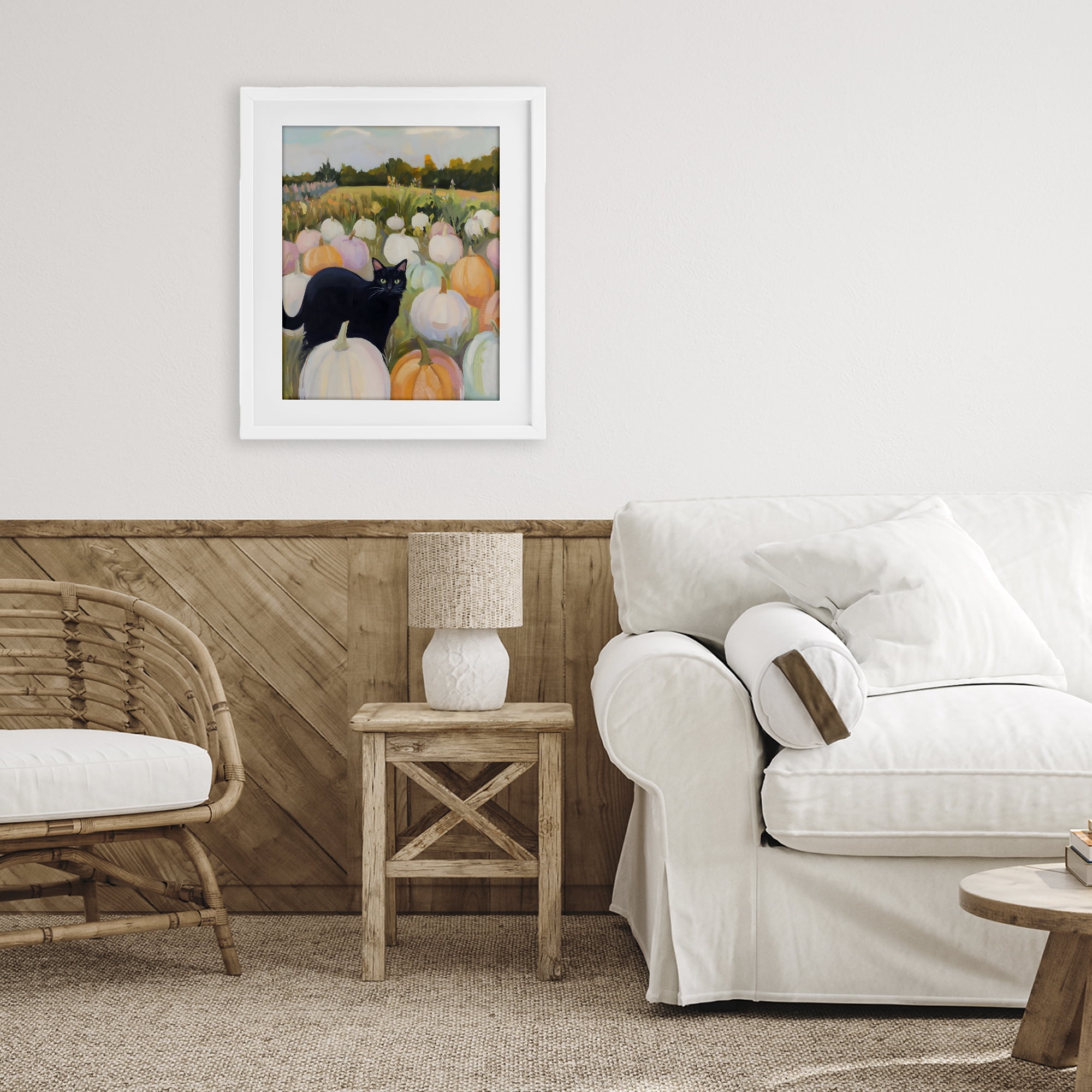 Stupell Industries Kitten & Pumpkins in Field White Framed Print Under Glass, design by The Prints Vibe