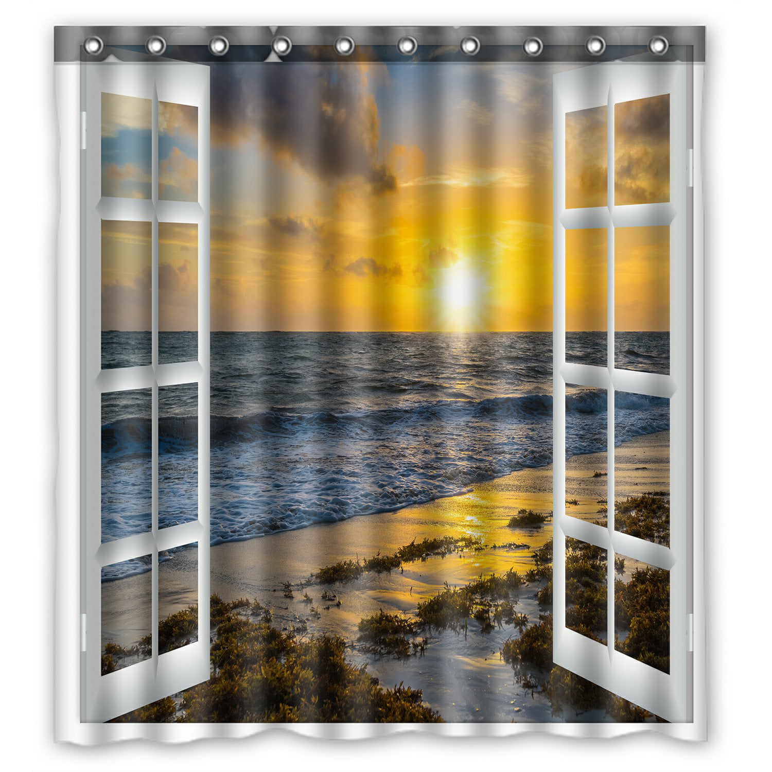 Lighthouse Seagull Sandbeach Bathroom Fabric Shower Curtain & 12 Hooks 71*71" 