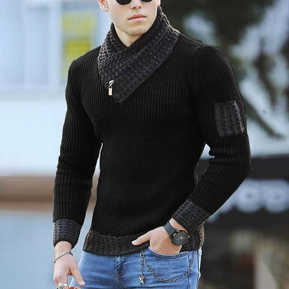 Qulqfy Slim Fit Mens Sweater Knit Zipper Fashion Black Fall Winter Cowl Neck Long Sleeve Casual Sweater Mens Shirts L