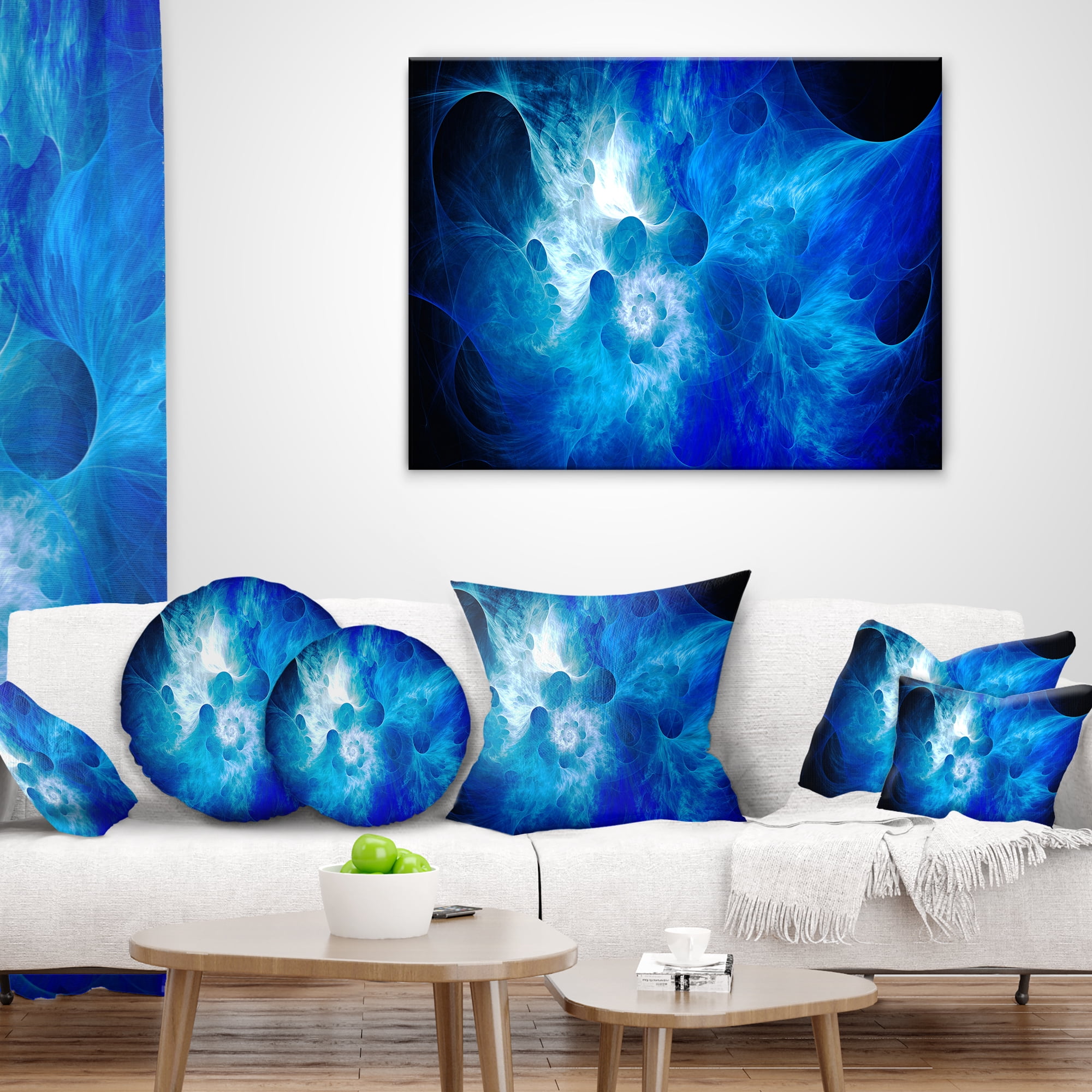 Designart Fractal Blue Smoke - Floral Throw Pillow - 12x20