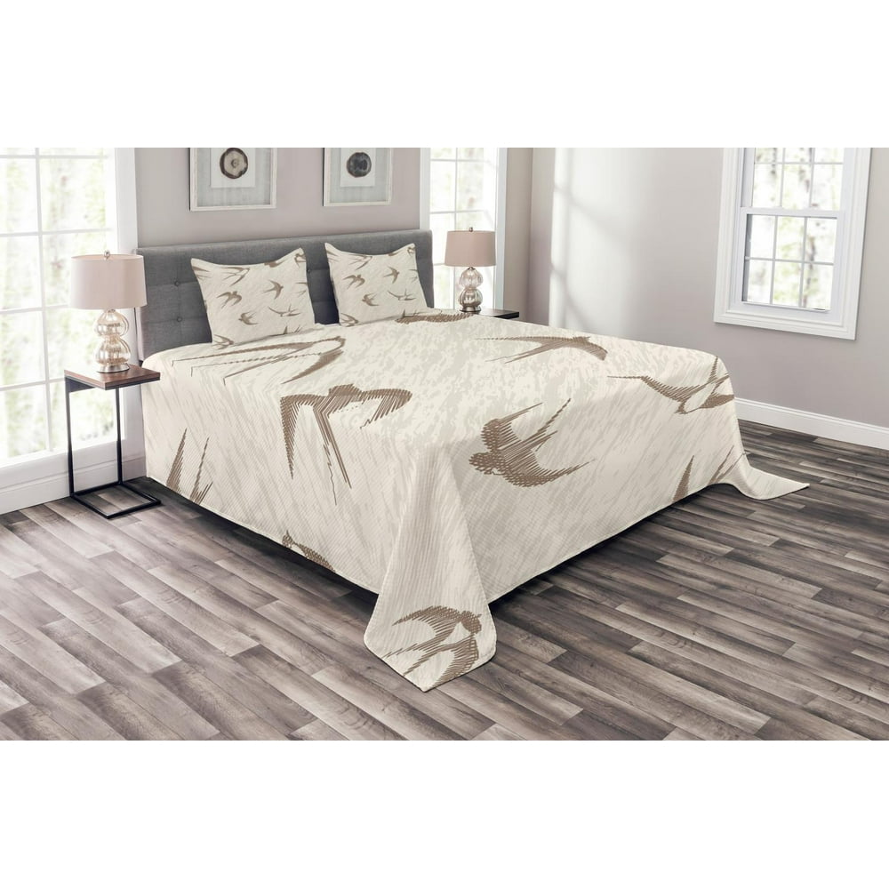 Birds Bedspread Set King Size, Flying Bird Swallow Vintage Design