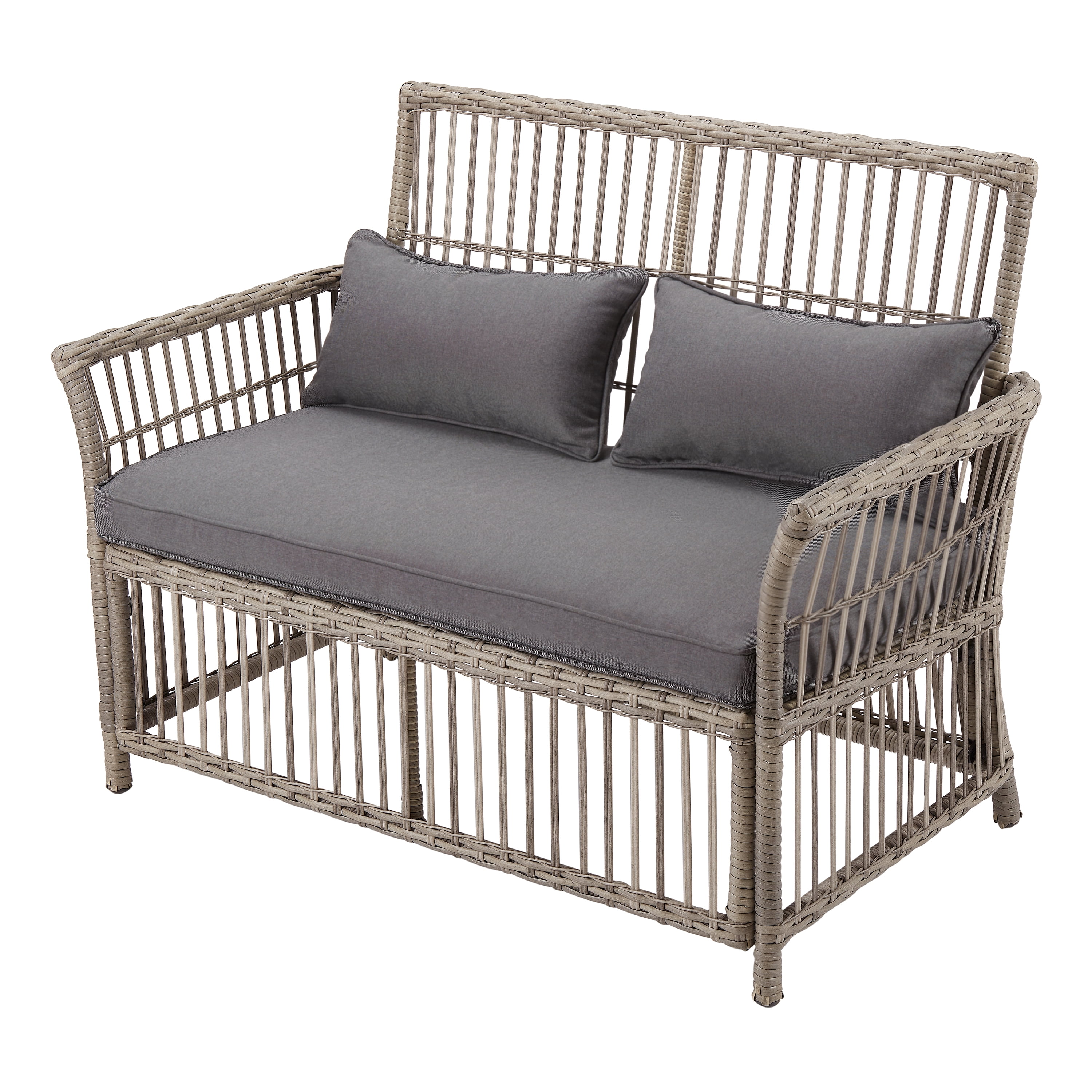 Better Homes & Gardens Belfair Patio Wicker Bench with Gray Cushions