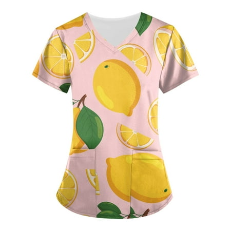

Sksloeg Scrub Tops Of 2023 Cute Lemon Printed Top Comfort Scrubs Women s V-Neck Workwear Shirts Nursing Working Uniform Yellow L