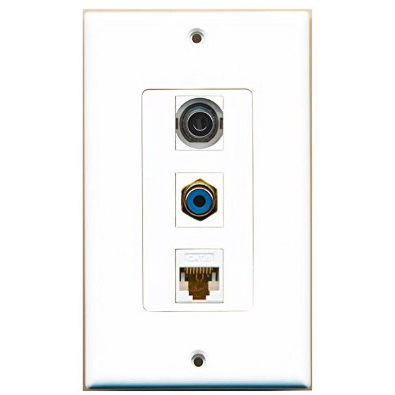 RiteAV - 1 Port RCA Blue and 1 Port 3.5mm and 1 Port Cat6 Ethernet White Decorative Wall Plate Decorative