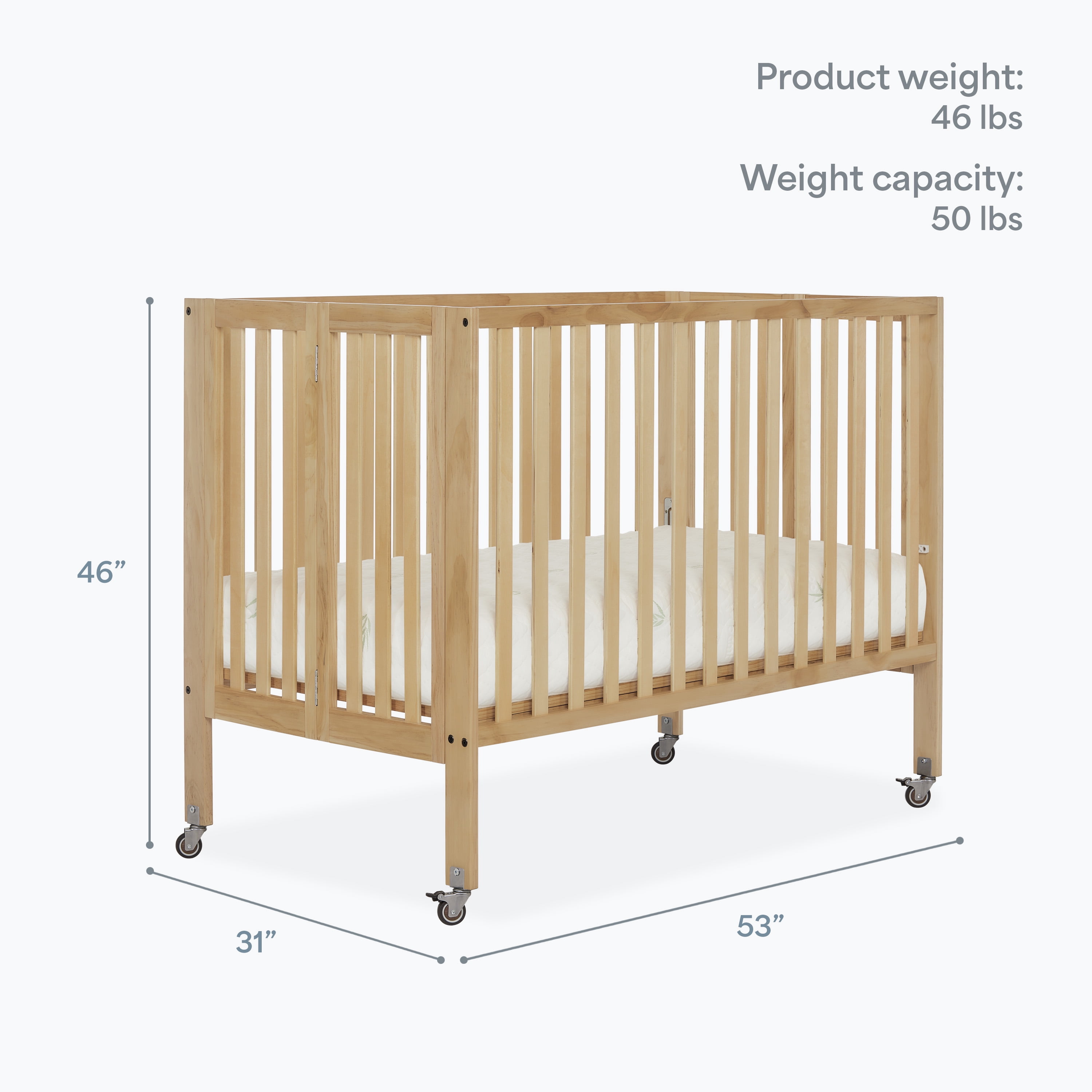 Dream On Me Quinn Full-Size Folding Crib, Removable Wheels, Modern Nursey, Adjustable Mattress Support, Patent Folding System in Natural