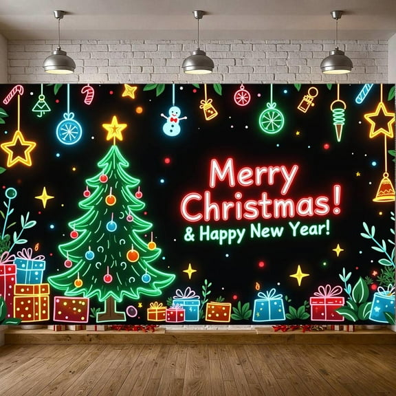 Neon Style Christmas Banner Christmas Tree Design New Year Banner Star Decoration Snowman Holiday Banner for Christmas Party New Year Celebration Indoor Decoration