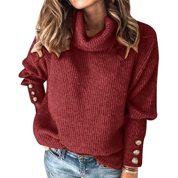 Top cálido de manga larga con cuello alto y botones, de color liso, para mujer: acrílico suave, ropa informal/para exterior, tallas asiáticas