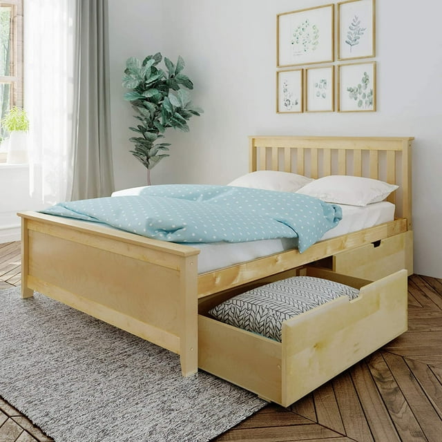 BEDSMART Lit Double en Bois Massif avec Rangement / Naturel
