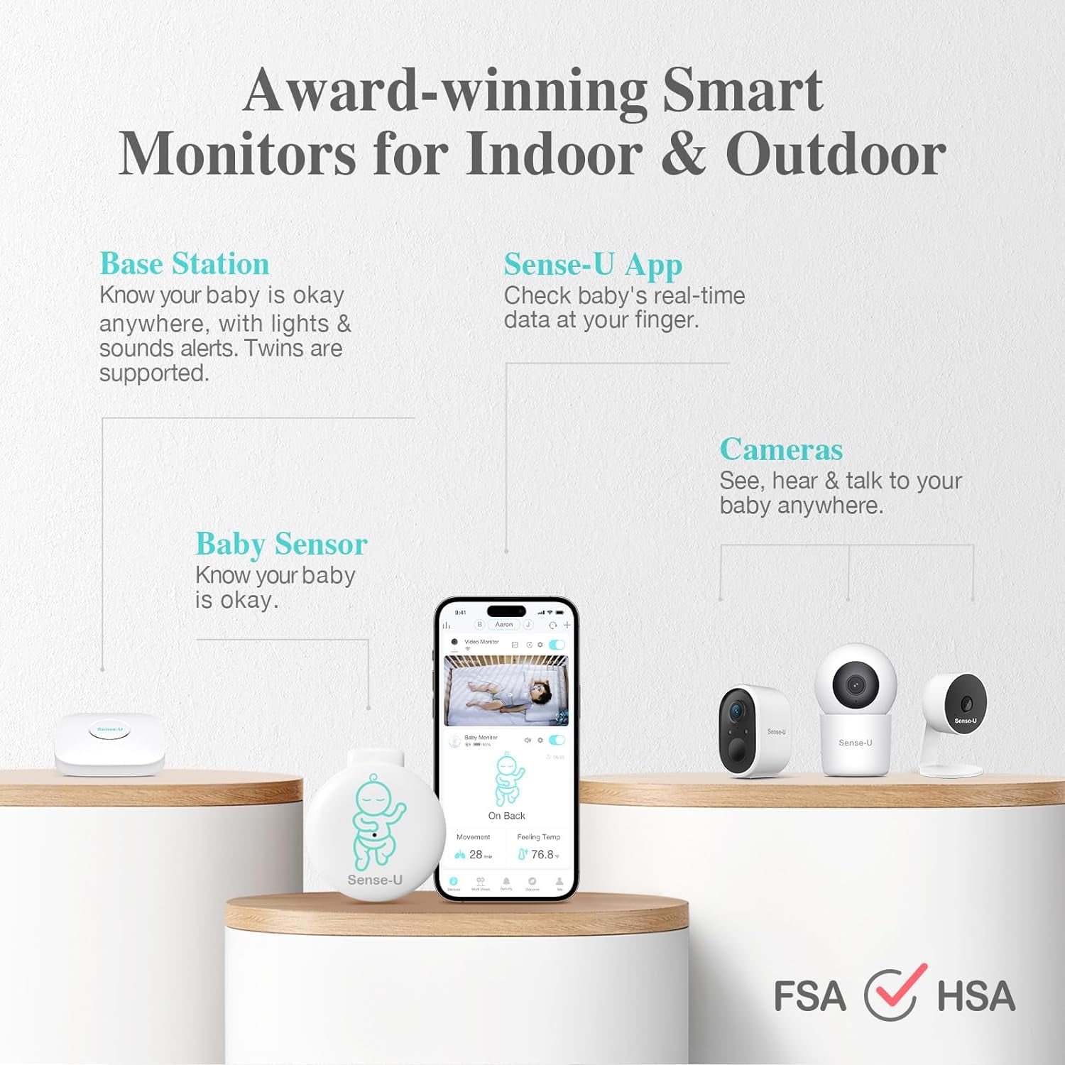 Sense-U Smart Baby Abdominal Movement Monitor - Tracks Baby's Abdominal Movement, Temperature, Rollover, Sleeping Position and Humidity on Smartphone and Base Station - Anytime, Anywhere, Green