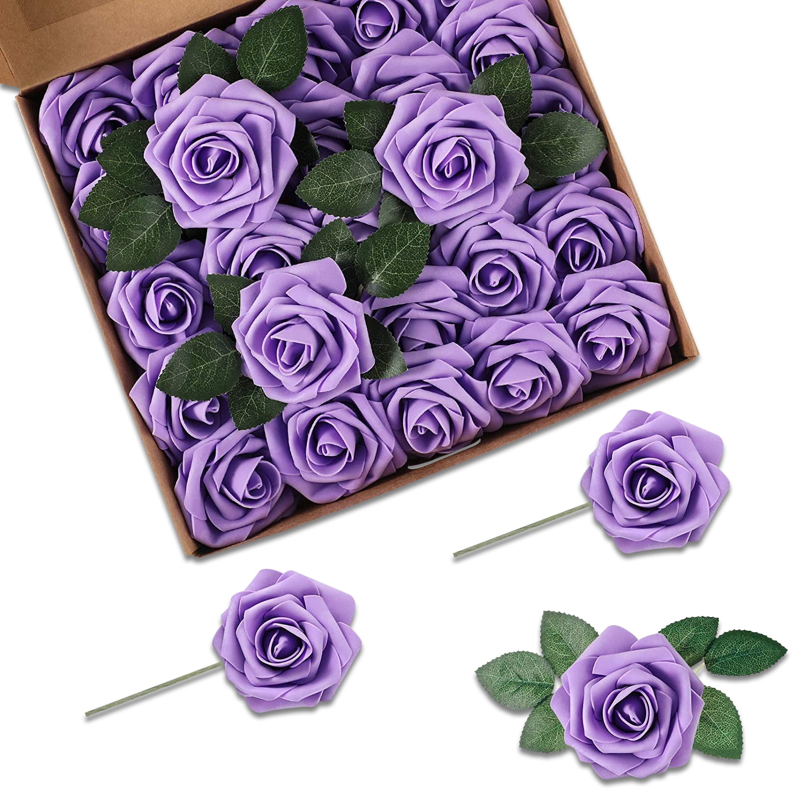 Purple Foam Fake Roses, 25 Pcs Real Looking Aqua Artificial Rose Flowers with Leaves and Stems