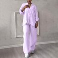 thumbnail image 4 of vigerkar Linen Two Piece Set Women Pants Casual Outfits Wide Leg Pants Long Sleeve Button Down Shirt Lounge Streetwear Sets Light Purple, L, 4 of 9