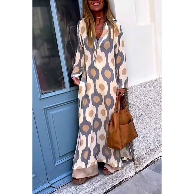Nouvelle Mode 2024 Simple et Unique Robe Imprimée Col en V Style Long Élégant et Unique Robe Ajustée pour Femmes FJH FJH