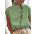 thumbnail image 2 of Womens Cotton Linen Short Sleeve Button Down Shirts Casual V Neck Plain Blouses Tops, 2 of 6