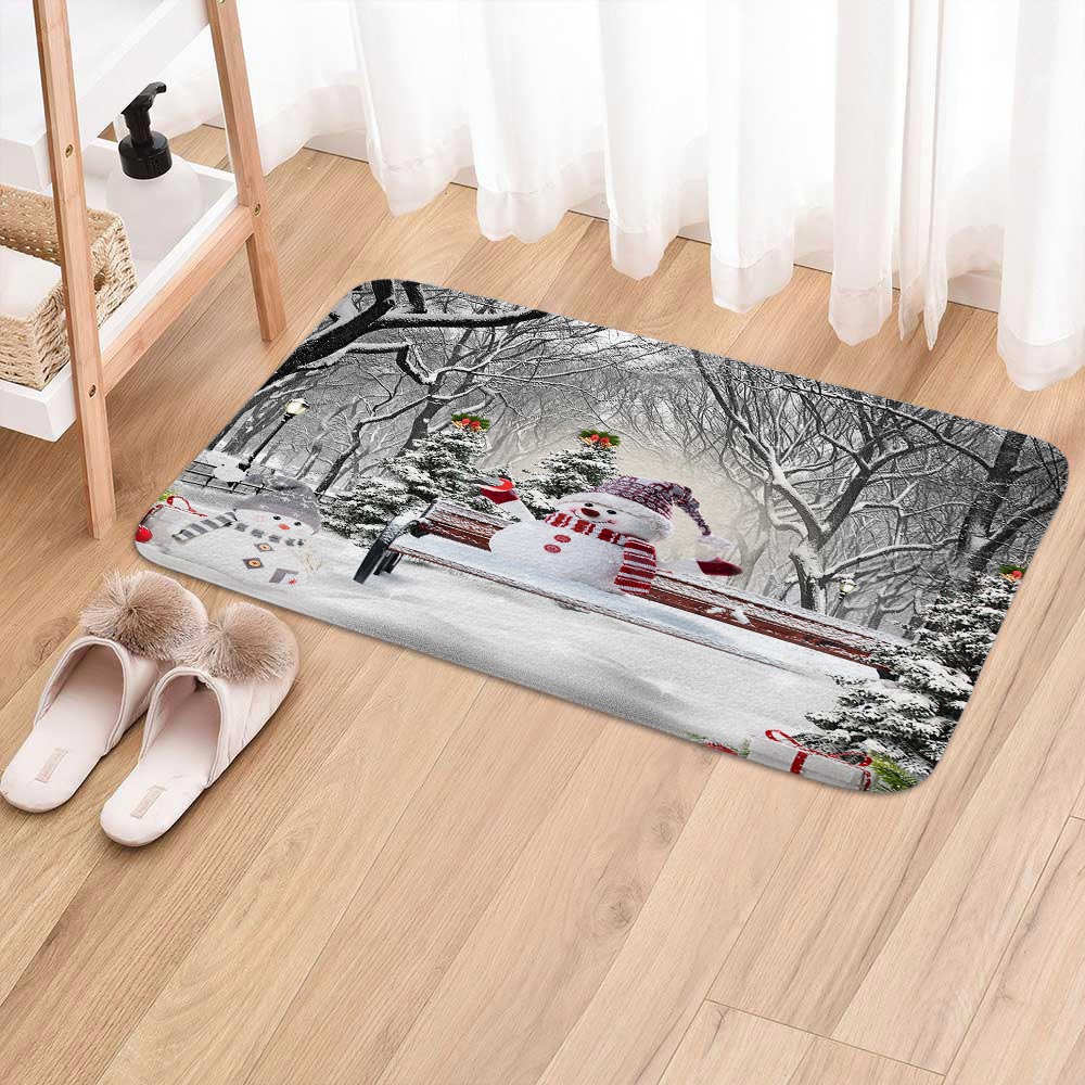 Farmhouse Winter Christmas Bath Mat, Cute Snowman in Snowy Forest Snowflake Bath Rug for Bathroom, Snow Covered Tree Forest Xmas Holiday Bath Mat Soft Non Slip Bath Rugs, 16X24IN