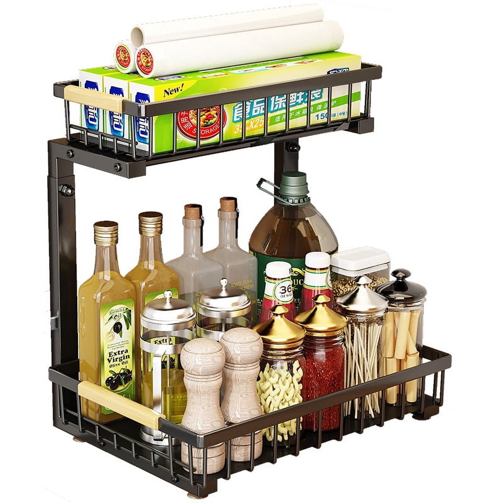 Under Sink Organizer Adjustable Height 2 Tier Pull Out Under Cabinet Organizer Thickened Metal Shelf Slide Out Under Sink Storage for Kitchen Bathroom Cabinet Laundry