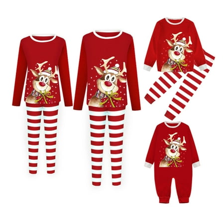 

Matching Family Pajamas Sets Christmas PJ s Cartoon Elk Print Top and Stripe Pants Jammies Sleepwear for Adult Kids Baby