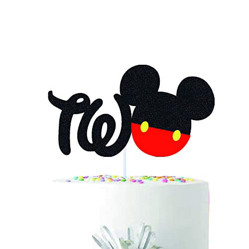 1 pc TWO Mickey Mouse Head Red Black Glitter Cake Topper for second Birthday Toddler boy 