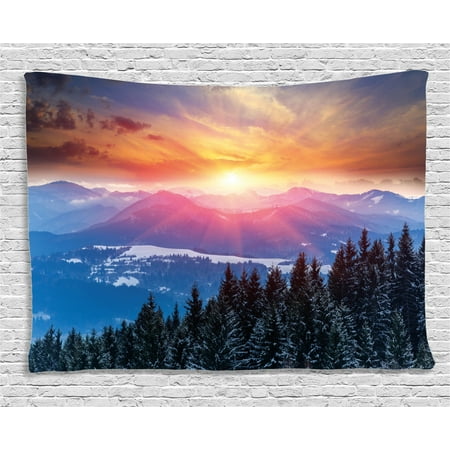 Winter Decorations Tapestry Sunset In Mountains With Hazy Lights With Magical Dawn Horizon Theme Wall Hanging For Bedroom Living Room Dorm Decor