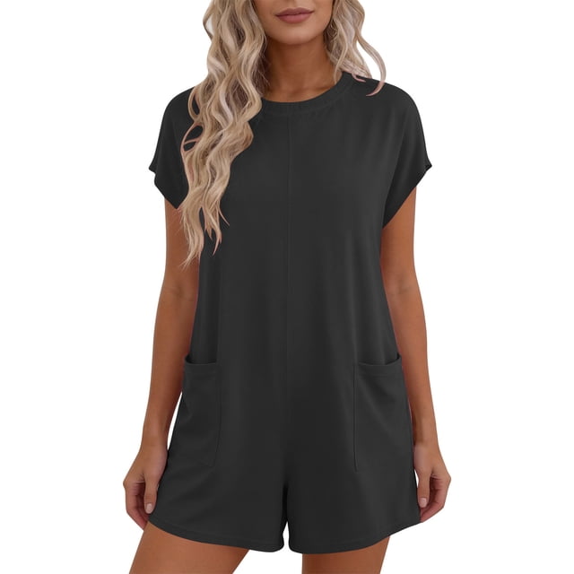 Lovzfmll Combinaison pour Femmes, Col Rond à Manches Courtes avec Poche, Jambe Grand, Barboteuse d'Été Décontractée Gris Foncé, m