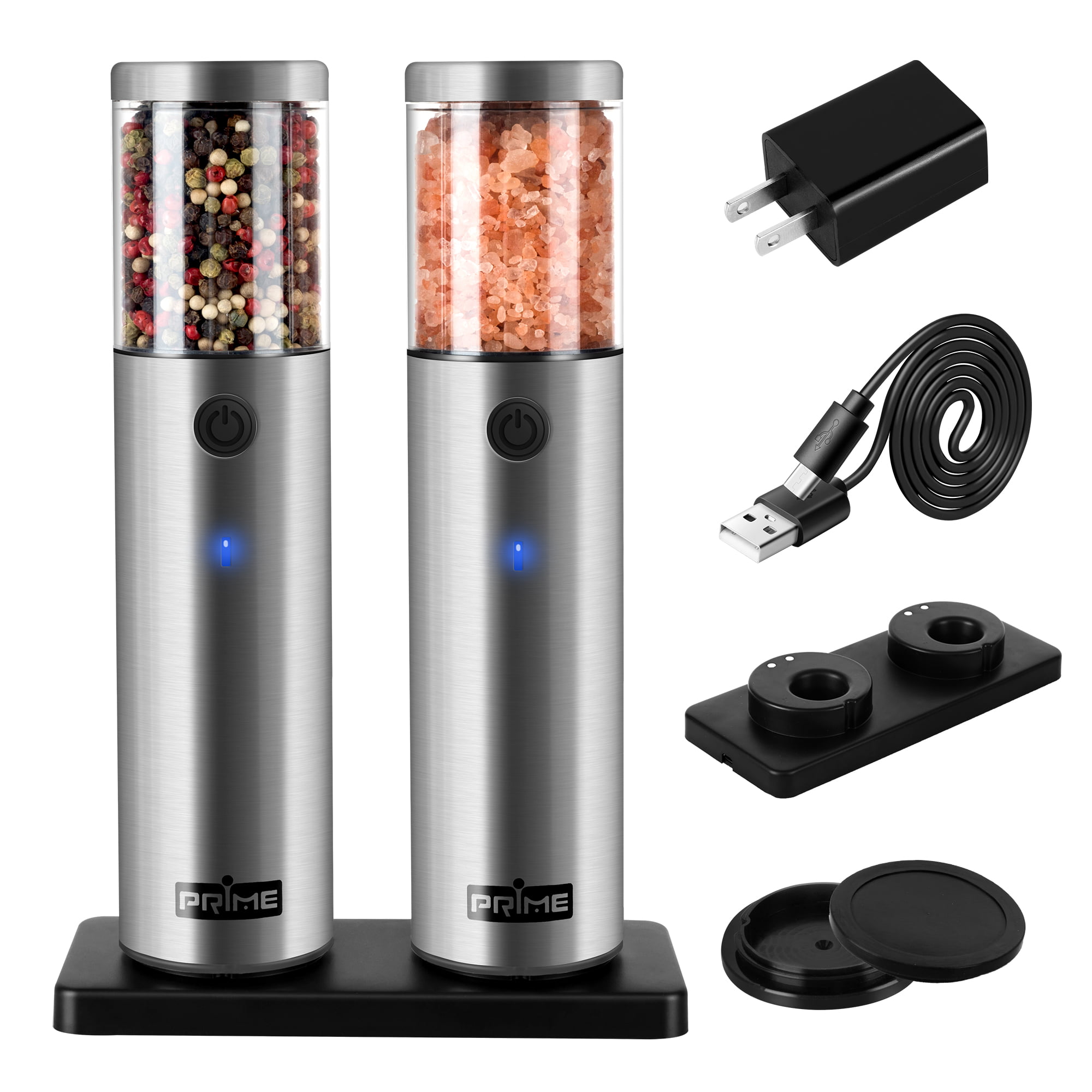 CAISIMIKI Electric Salt and Pepper Grinder Set- Stainless Steel, Dual  Charging Base, Rechargeable Kitchen Gadgets, LED Lights, Adjustable  Coarseness