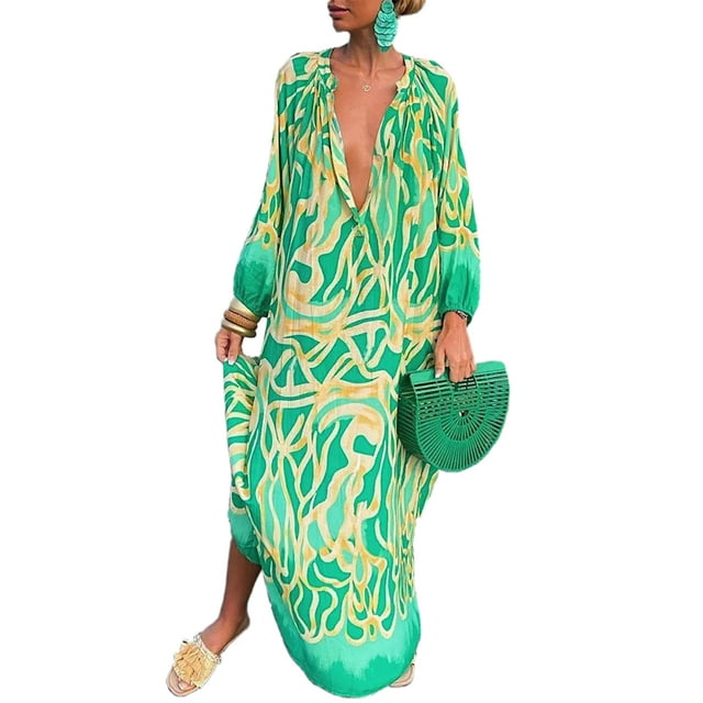 Innerwin Robe Boutonnée Femme Robes Maxi Automne Manches Longues Ample Vert TTG