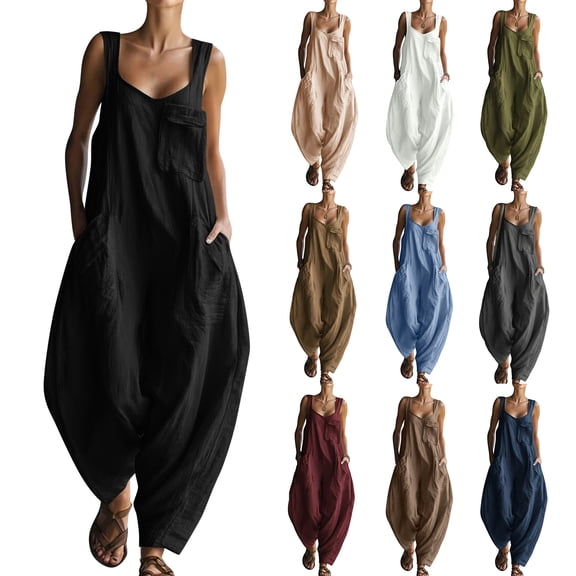 Linen Look Wide Strap Jumpsuit for Women - Loose Fit Pocketed Solid Color Casual Outfit, Summer Vacation Matching Lounge Wear Beige L