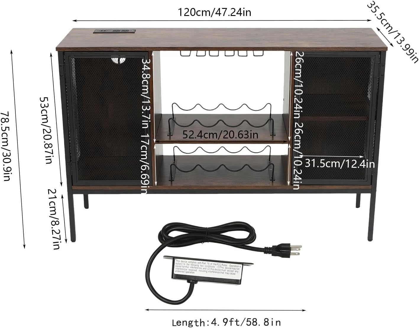 Wine Bar Cabinet with Built-in Outlets, Industrial Bar Cabinets for Liquor and Glasses, Farmhouse Mini Coffee Bar Liquor Cabinet Bar for Home with Removable Wine Racks, Brown