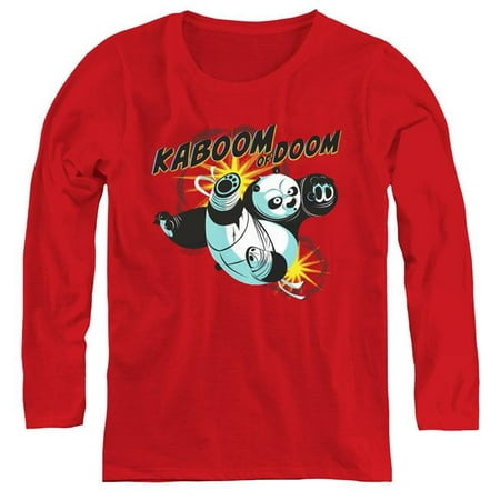 Trevco Sportswear DRM196-WL-4 Womens Kung FU Panda & Kaboom of Doom Long Sleeve T-Shirt, Red - Extra Large